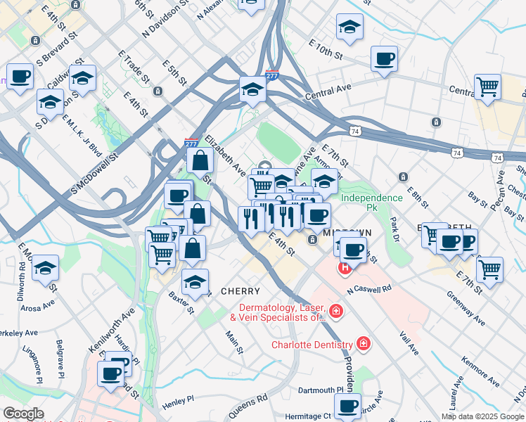 map of restaurants, bars, coffee shops, grocery stores, and more near in Charlotte