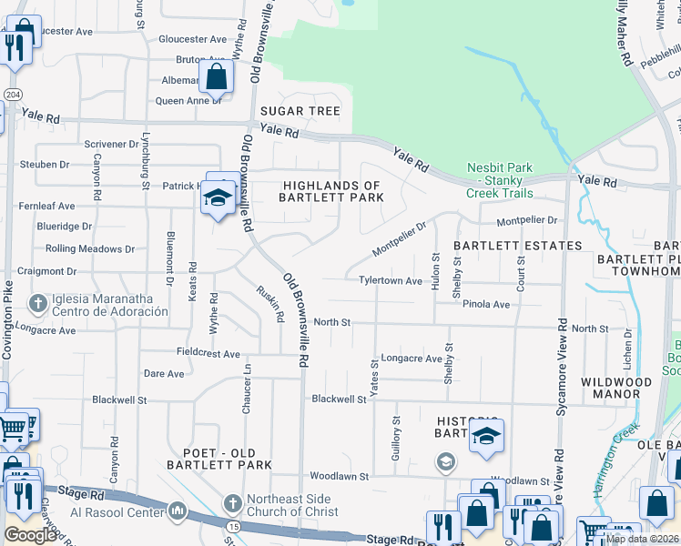 map of restaurants, bars, coffee shops, grocery stores, and more near 5548 Montpelier Drive in Bartlett