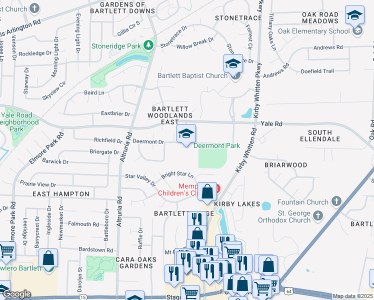 map of restaurants, bars, coffee shops, grocery stores, and more near 6641 Deermont Drive in Memphis