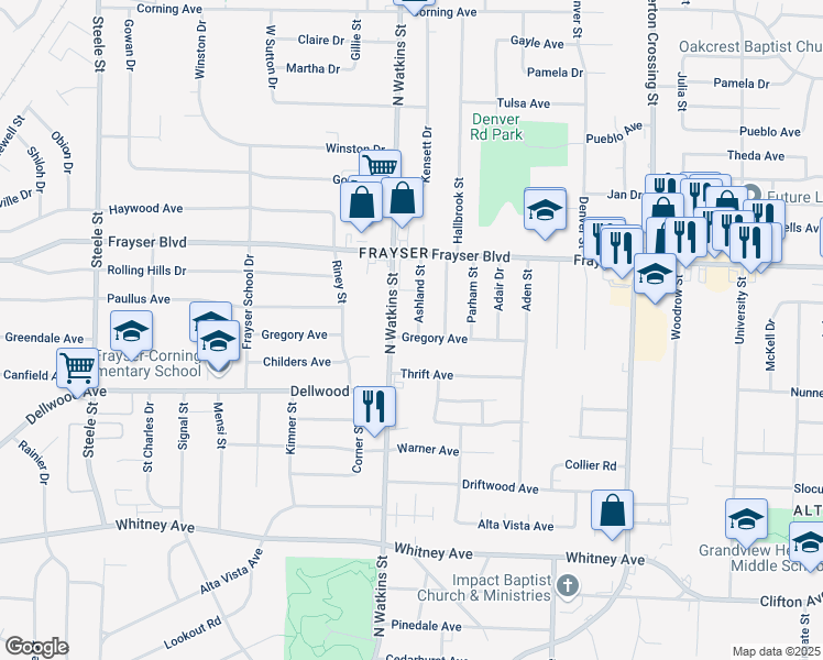 map of restaurants, bars, coffee shops, grocery stores, and more near 3292 North Watkins Street in Memphis