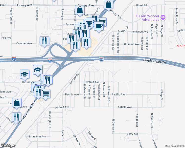map of restaurants, bars, coffee shops, grocery stores, and more near 3159 North Brook Street in Kingman