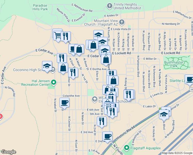 map of restaurants, bars, coffee shops, grocery stores, and more near 2801 North 3rd Street in Flagstaff