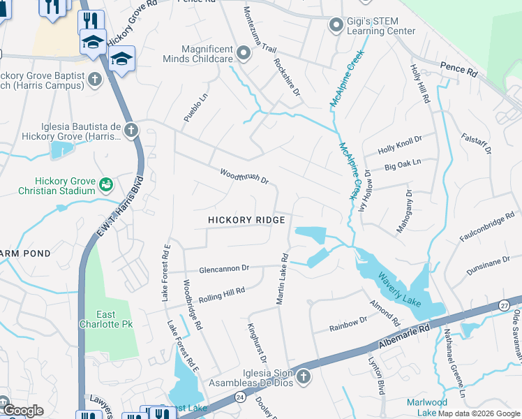 map of restaurants, bars, coffee shops, grocery stores, and more near 6421 Burning Bush Court in Charlotte