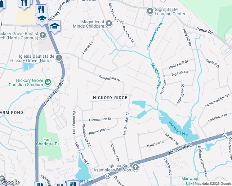 map of restaurants, bars, coffee shops, grocery stores, and more near 6421 Burning Bush Court in Charlotte