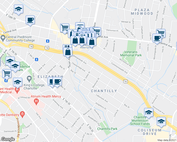 map of restaurants, bars, coffee shops, grocery stores, and more near 2140 Shenandoah Avenue in Charlotte