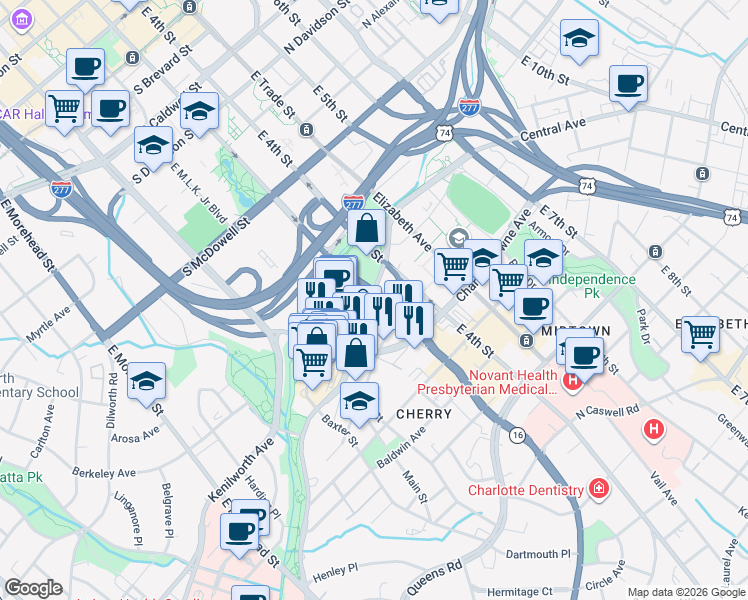 map of restaurants, bars, coffee shops, grocery stores, and more near 1130 East 3rd Street in Charlotte