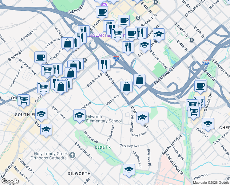 map of restaurants, bars, coffee shops, grocery stores, and more near in Charlotte