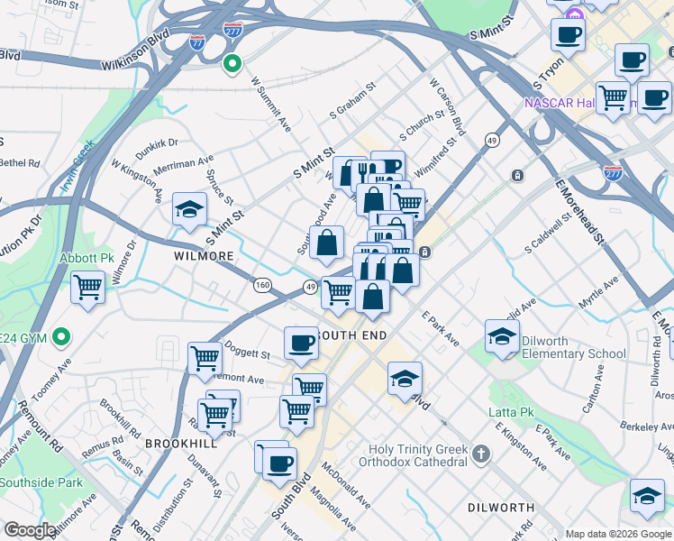 map of restaurants, bars, coffee shops, grocery stores, and more near 201 West Park Avenue in Charlotte