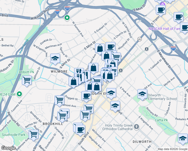 map of restaurants, bars, coffee shops, grocery stores, and more near 232 West Kingston Avenue in Charlotte