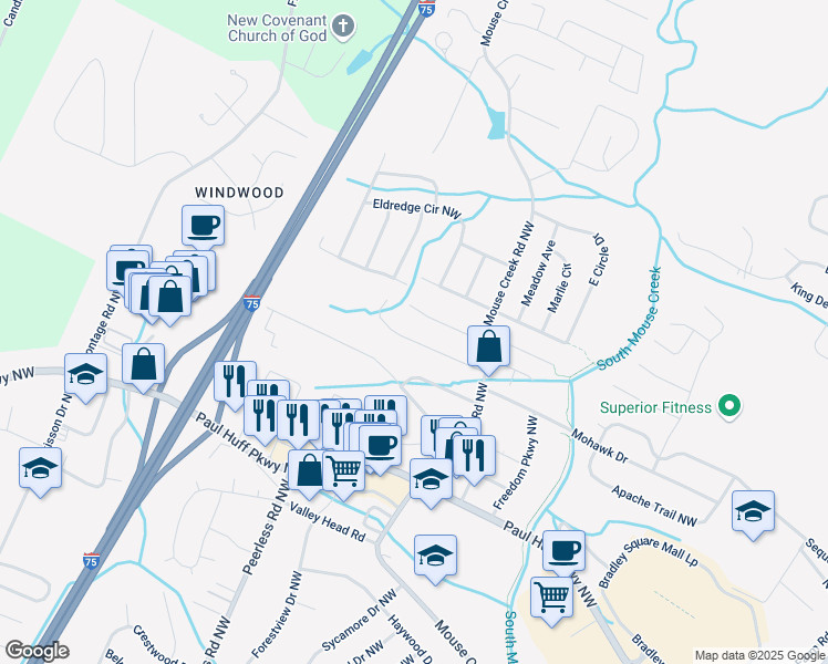 map of restaurants, bars, coffee shops, grocery stores, and more near 1073 Brad Street Northwest in Cleveland