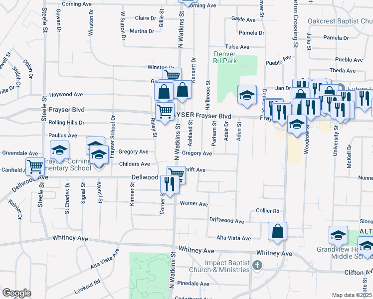map of restaurants, bars, coffee shops, grocery stores, and more near 3292 North Watkins Street in Memphis