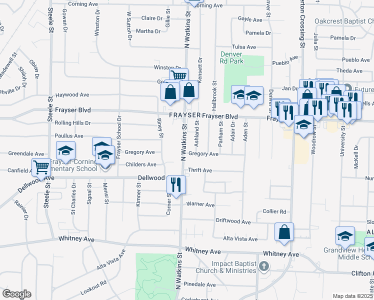 map of restaurants, bars, coffee shops, grocery stores, and more near 3292 North Watkins Street in Memphis