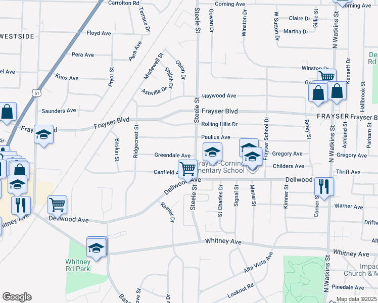 map of restaurants, bars, coffee shops, grocery stores, and more near 3289 Steele Street in Memphis