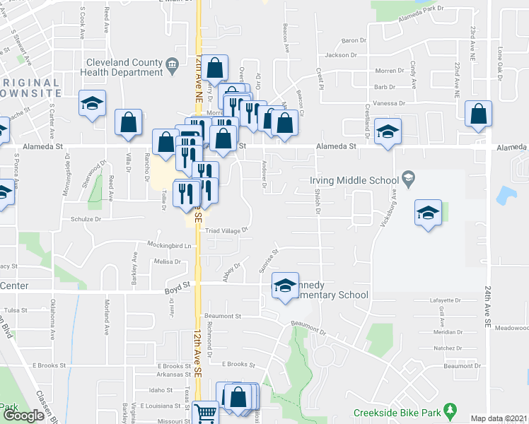 map of restaurants, bars, coffee shops, grocery stores, and more near 301 Triad Village Drive in Norman