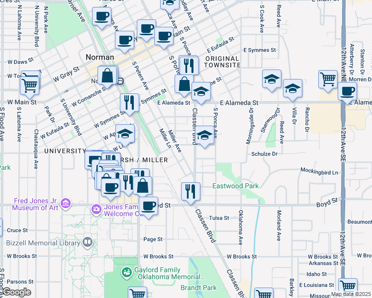 map of restaurants, bars, coffee shops, grocery stores, and more near 321 East Duffy Street in Norman