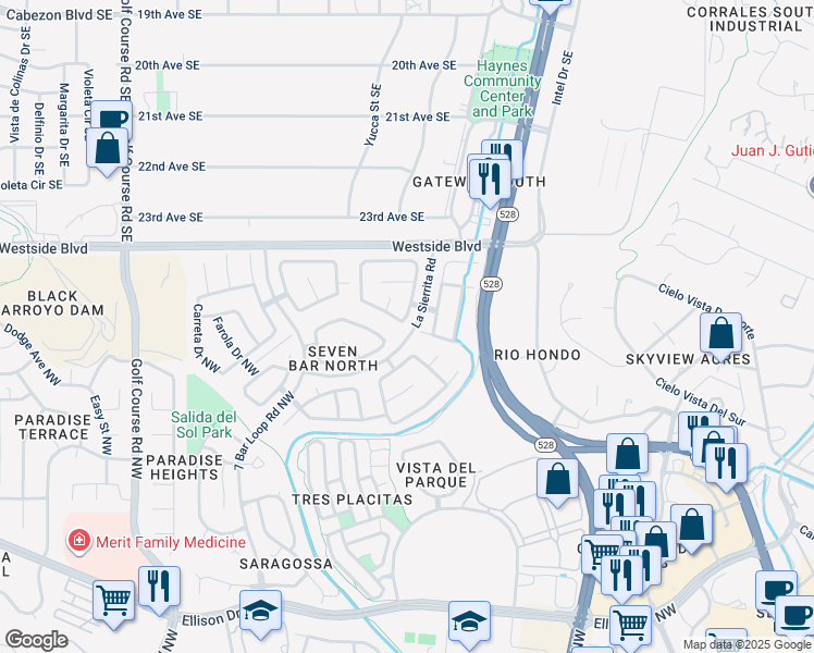 map of restaurants, bars, coffee shops, grocery stores, and more near 10900 Snowbird Drive in Albuquerque
