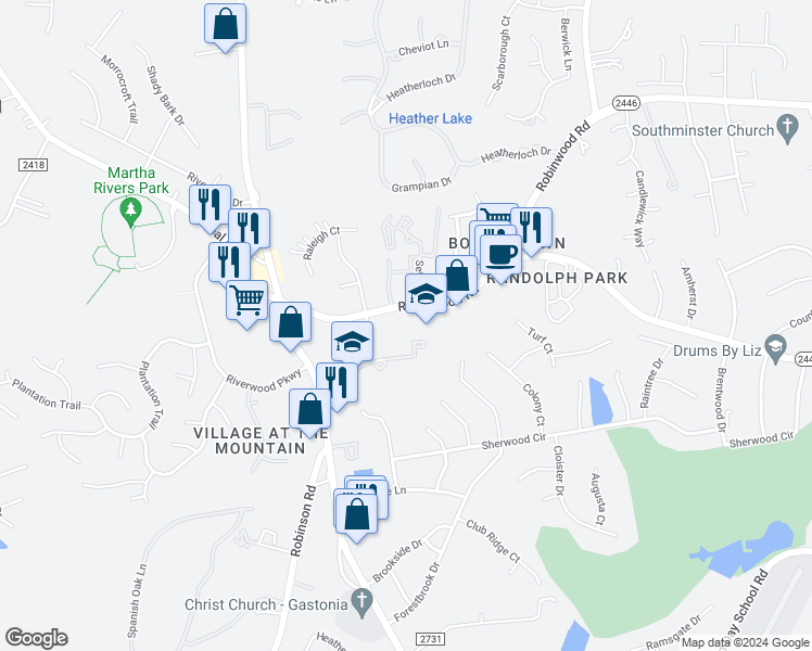 map of restaurants, bars, coffee shops, grocery stores, and more near 3466 Jondon Lane in Gastonia