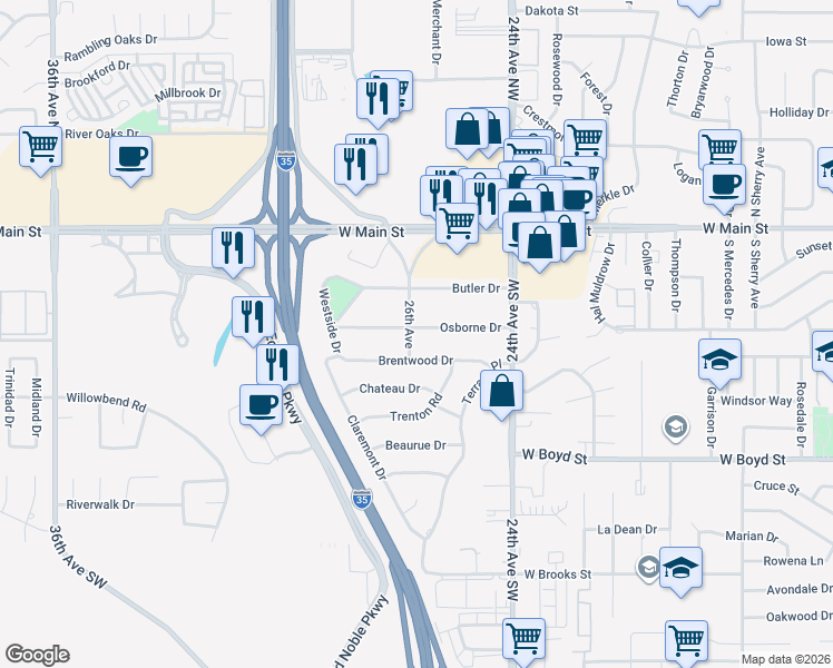 map of restaurants, bars, coffee shops, grocery stores, and more near 2533 Osborne Drive in Norman