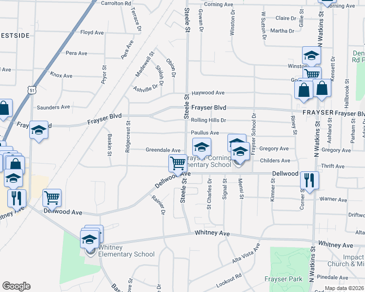 map of restaurants, bars, coffee shops, grocery stores, and more near 3289 Steele Street in Memphis