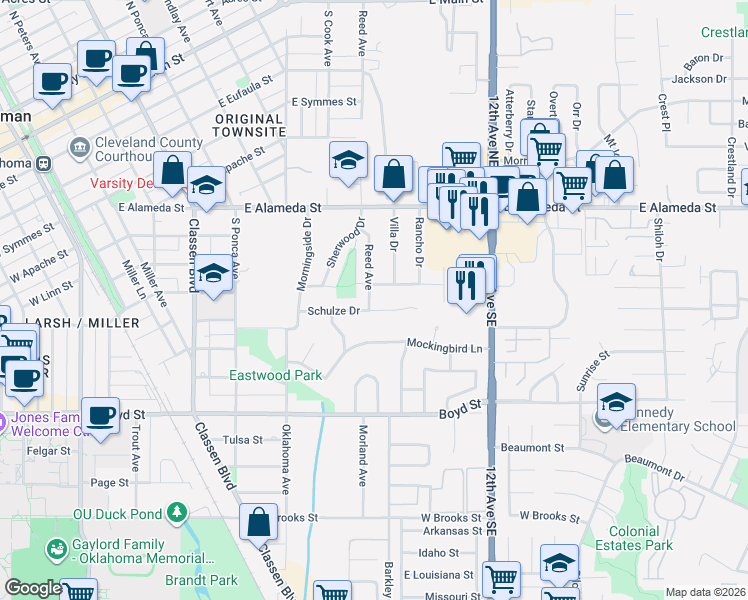 map of restaurants, bars, coffee shops, grocery stores, and more near 814 Creston Way in Norman