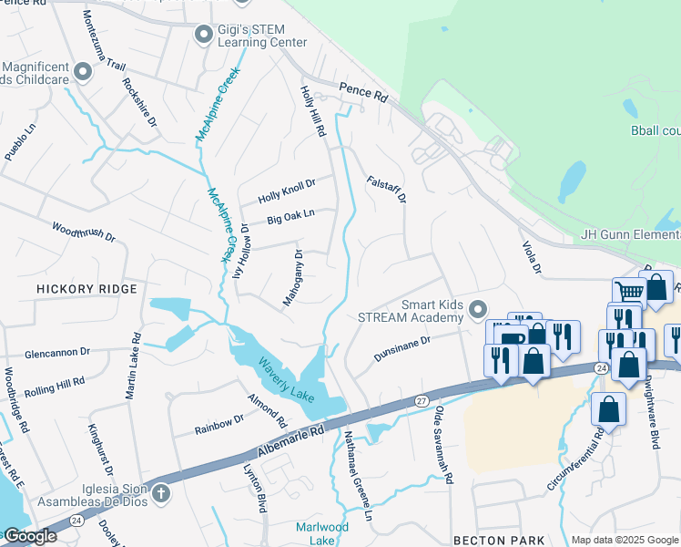 map of restaurants, bars, coffee shops, grocery stores, and more near 8126 Holly Hill Road in Charlotte