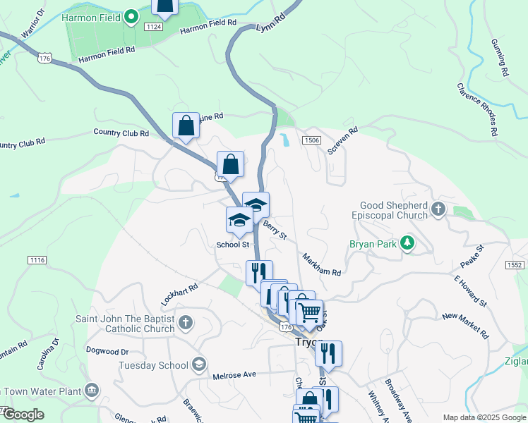 map of restaurants, bars, coffee shops, grocery stores, and more near 3919 Lynn Road in Tryon