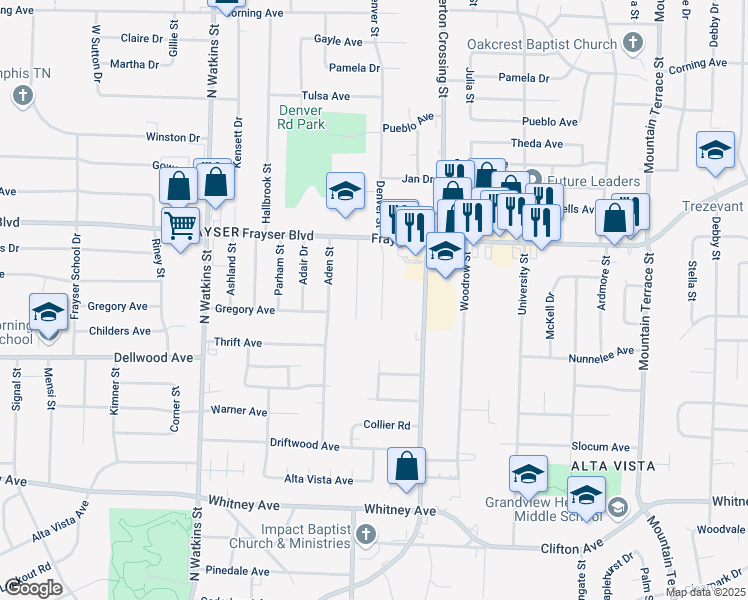 map of restaurants, bars, coffee shops, grocery stores, and more near 3281 Denver Street in Memphis