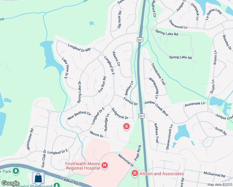 map of restaurants, bars, coffee shops, grocery stores, and more near Longleaf Drive East in Pinehurst