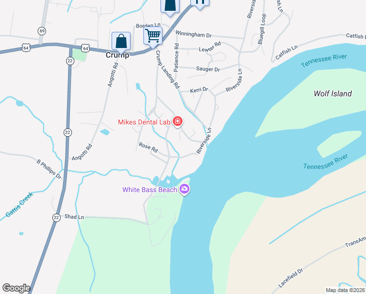 map of restaurants, bars, coffee shops, grocery stores, and more near 67 Wallace Lane in Crump