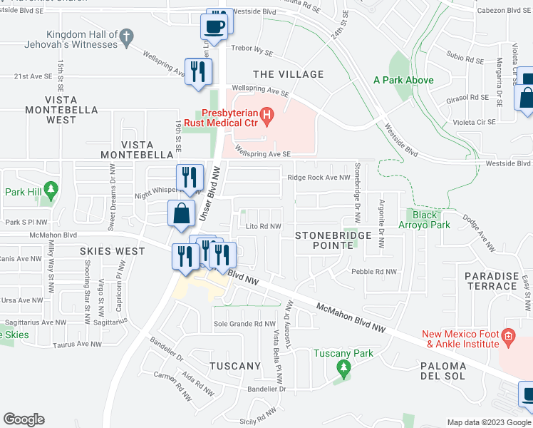 map of restaurants, bars, coffee shops, grocery stores, and more near 10851 Como Drive Northwest in Albuquerque