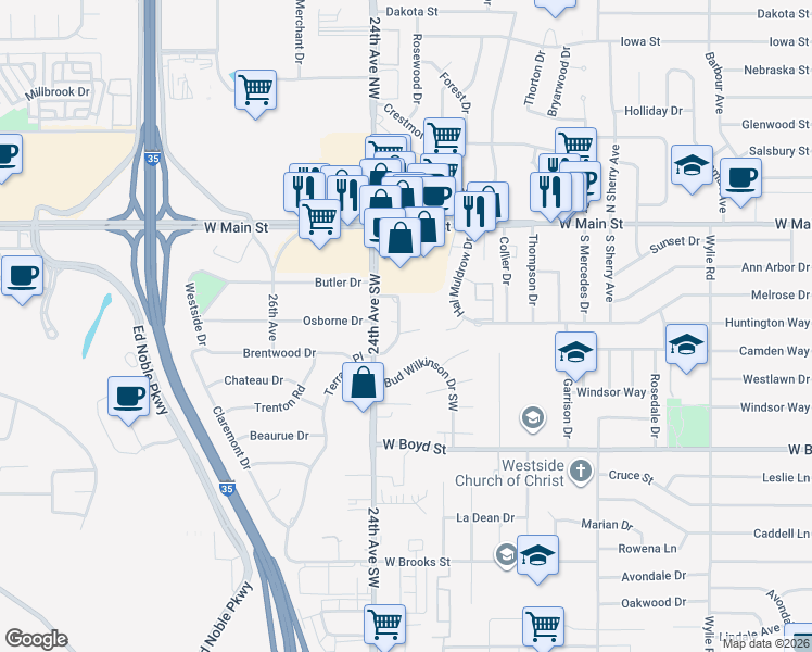 map of restaurants, bars, coffee shops, grocery stores, and more near 334 George L Cross Drive in Norman