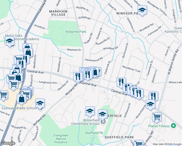 map of restaurants, bars, coffee shops, grocery stores, and more near 1419 Elkin Lane in Charlotte