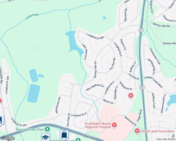 map of restaurants, bars, coffee shops, grocery stores, and more near 55 Bradley Lane in Pinehurst