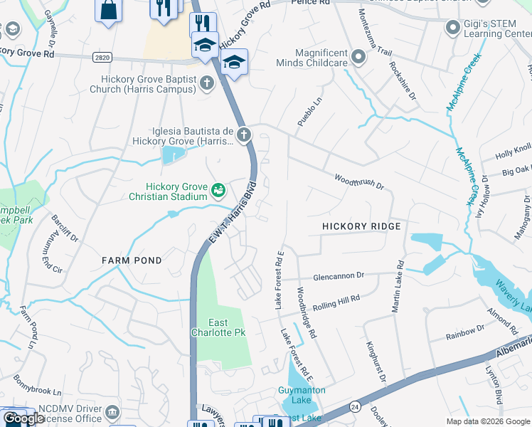 map of restaurants, bars, coffee shops, grocery stores, and more near 6517 Lake Forest Road East in Charlotte