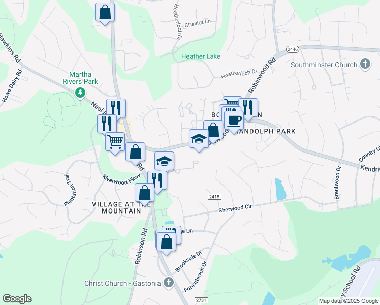 map of restaurants, bars, coffee shops, grocery stores, and more near 3430 North Carolina 2446 in Gastonia