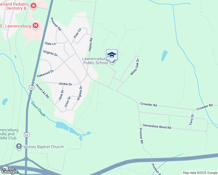 map of restaurants, bars, coffee shops, grocery stores, and more near Prosser Road in Lawrenceburg