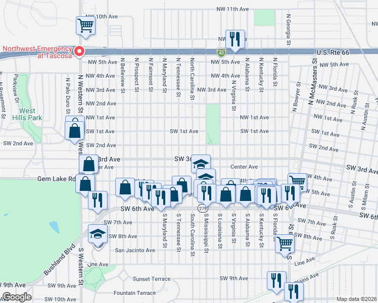 map of restaurants, bars, coffee shops, grocery stores, and more near 201 South Tennessee Street in Amarillo