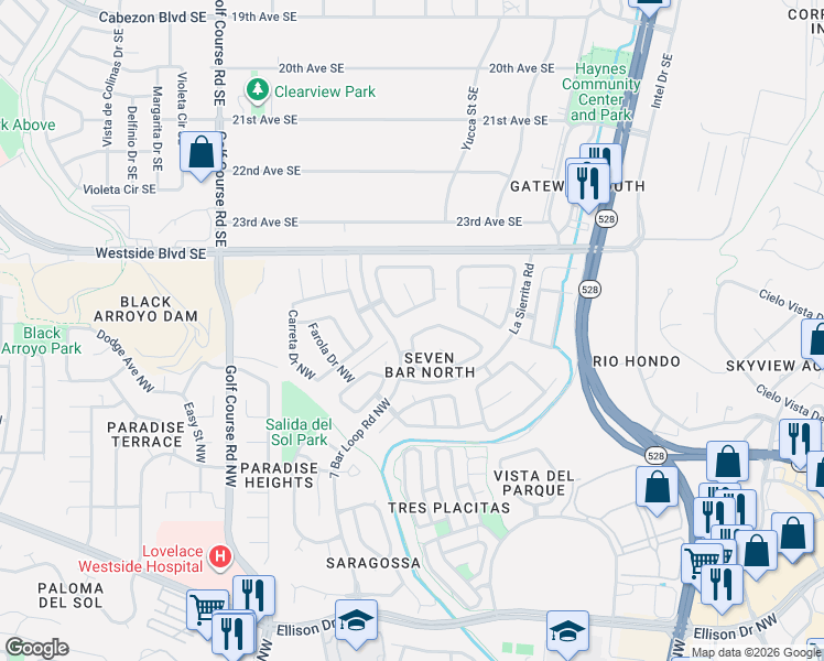 map of restaurants, bars, coffee shops, grocery stores, and more near 4232 Saddleback Road Northwest in Albuquerque