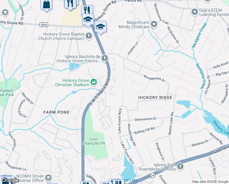 map of restaurants, bars, coffee shops, grocery stores, and more near 6517 Lake Forest Road East in Charlotte