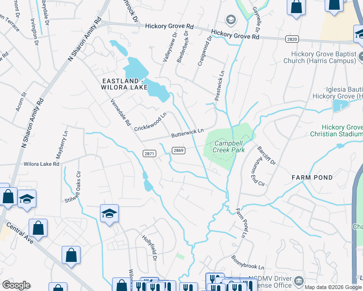 map of restaurants, bars, coffee shops, grocery stores, and more near 4708 Butterwick Lane in Charlotte
