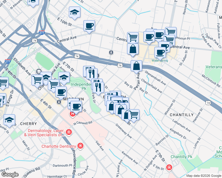 map of restaurants, bars, coffee shops, grocery stores, and more near 523 Clement Avenue in Charlotte
