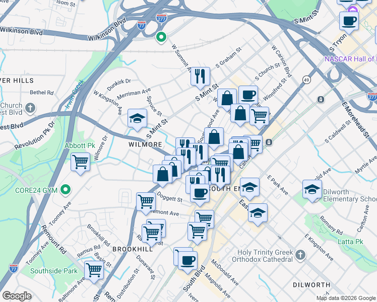 map of restaurants, bars, coffee shops, grocery stores, and more near 313 West Kingston Avenue in Charlotte