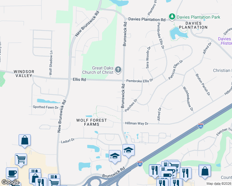 map of restaurants, bars, coffee shops, grocery stores, and more near 8751 Ellis Road in Memphis