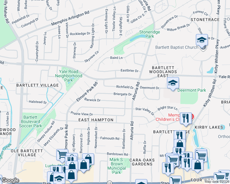 map of restaurants, bars, coffee shops, grocery stores, and more near 6395 Richfield Drive in Bartlett