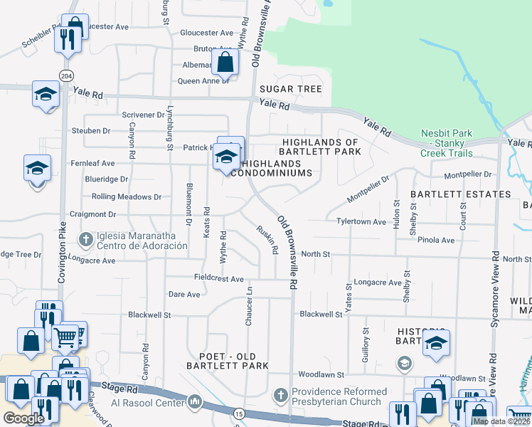 map of restaurants, bars, coffee shops, grocery stores, and more near 3288 Old Brownsville Road in Bartlett