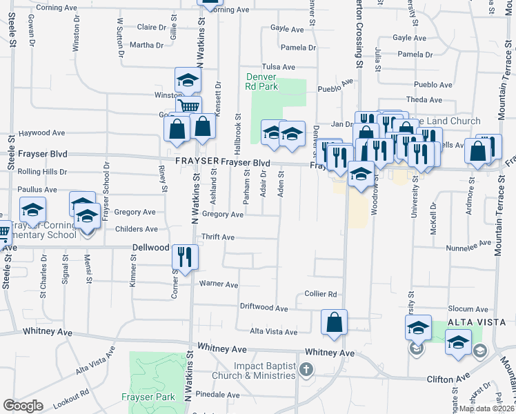map of restaurants, bars, coffee shops, grocery stores, and more near 3290 Parham Street in Memphis