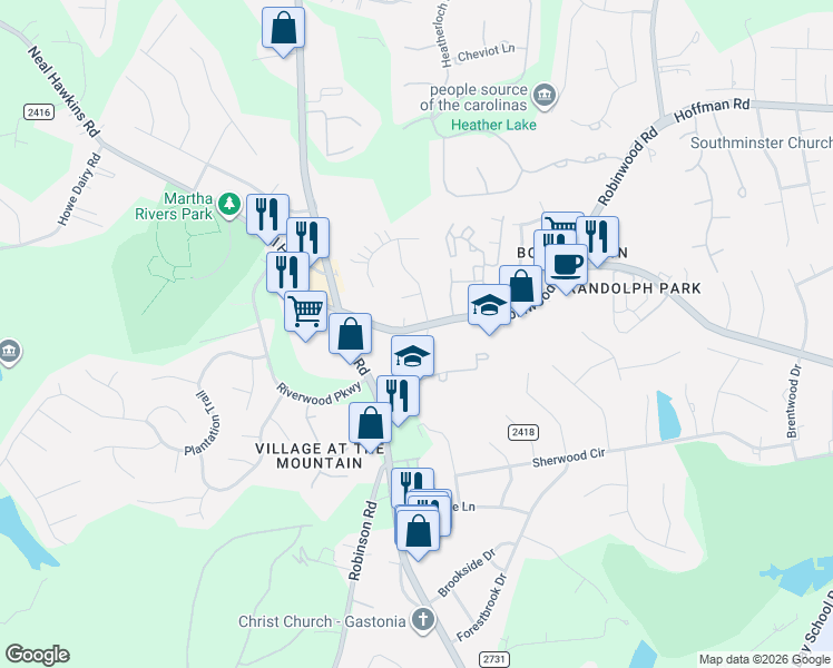 map of restaurants, bars, coffee shops, grocery stores, and more near 3609 Robinwood Road in Gastonia