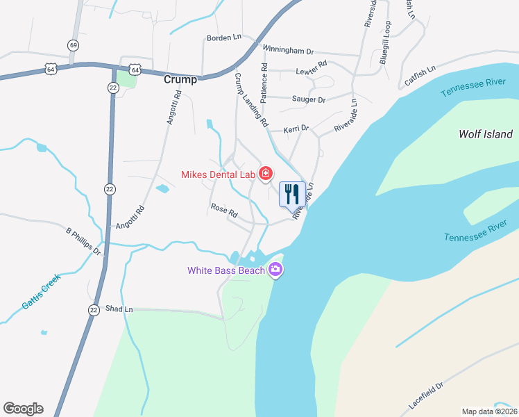 map of restaurants, bars, coffee shops, grocery stores, and more near 67 Wallace Lane in Crump