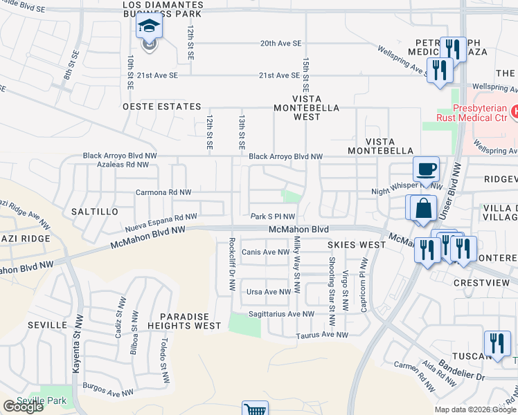 map of restaurants, bars, coffee shops, grocery stores, and more near 6148 Park Hill Avenue Northwest in Albuquerque