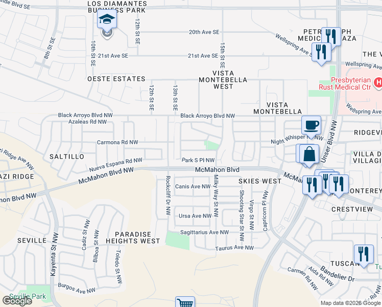 map of restaurants, bars, coffee shops, grocery stores, and more near 6140 Park Hill Avenue Northwest in Albuquerque